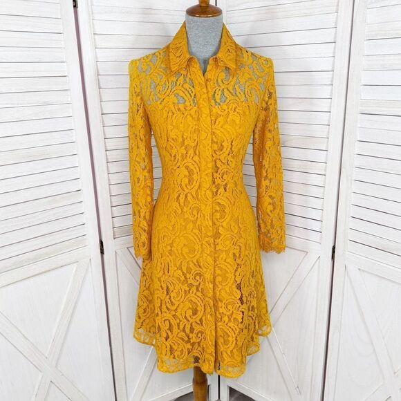 Nanette Lepore Lace Fit Flare Shirt Dress Dark Yellow 6 - Picture 1 of 13